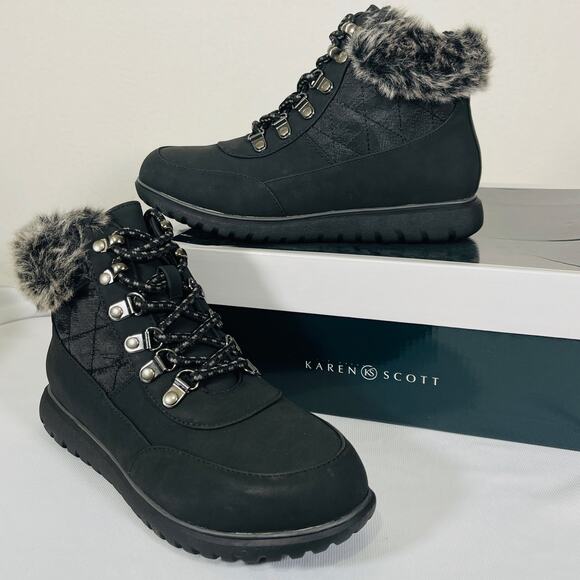 Karen Scott Boots Women's 6.5 Black Fur Lined Lace Up Combat Booties NWB - Picture 1 of 9